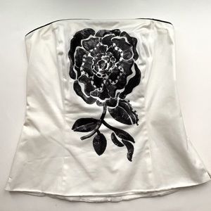 WHBM 🖤 Black Ivory Crop Top Bustier with Sequin Flower Floral Embroidery Detail